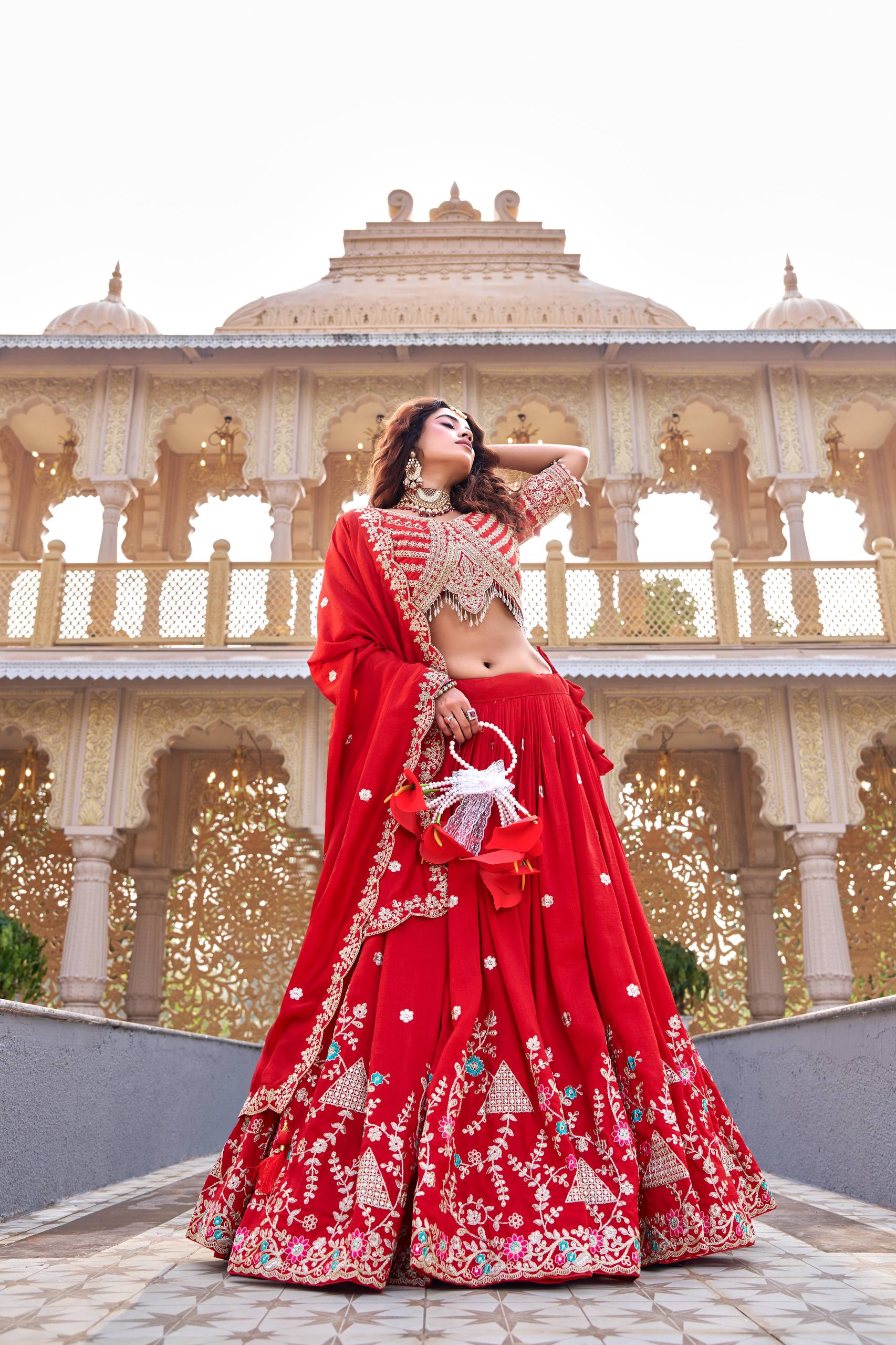 Designer Vichitra Silk Embroidered Lehenga Choli Dupatta Set