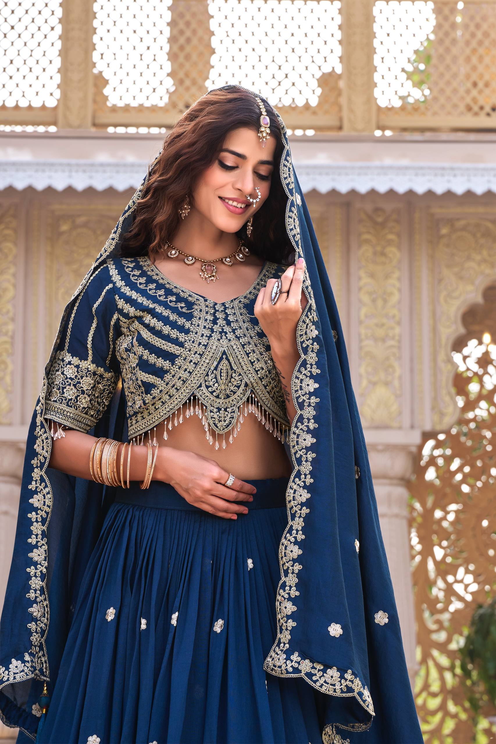 Designer Vichitra Silk Embroidered Lehenga Choli Dupatta Set
