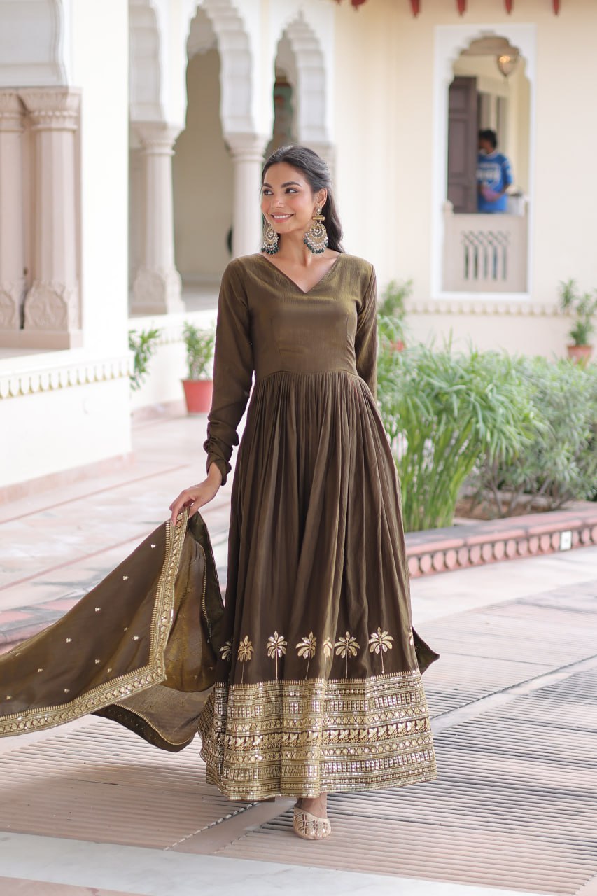 Premium Silk Embroidered Gown Dupatta Set