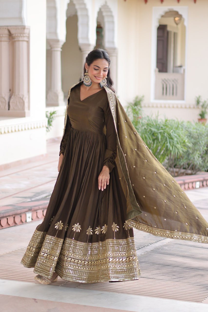 Premium Silk Embroidered Gown Dupatta Set