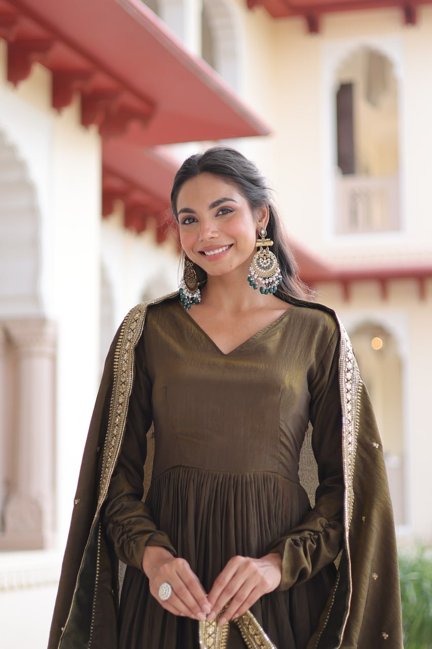 Premium Silk Embroidered Gown Dupatta Set