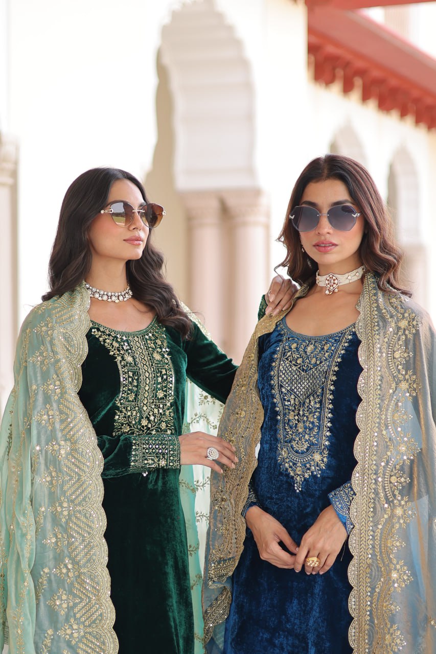 Designer Sequins Embroidered Velvet Kurti Pant Dupatta Set