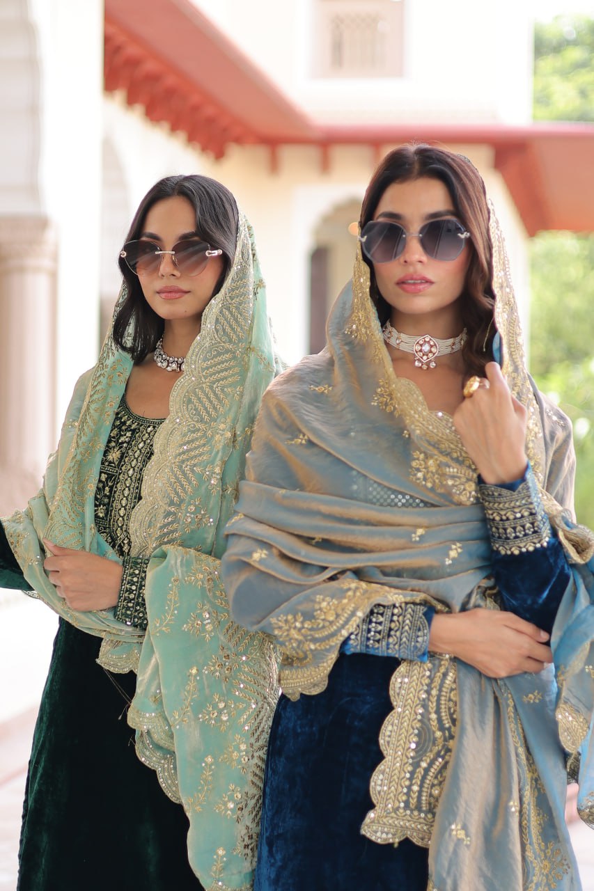 Designer Sequins Embroidered Velvet Kurti Pant Dupatta Set