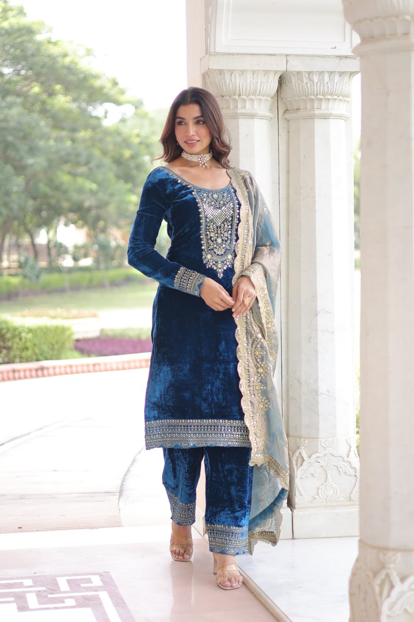 Designer Sequins Embroidered Velvet Kurti Pant Dupatta Set