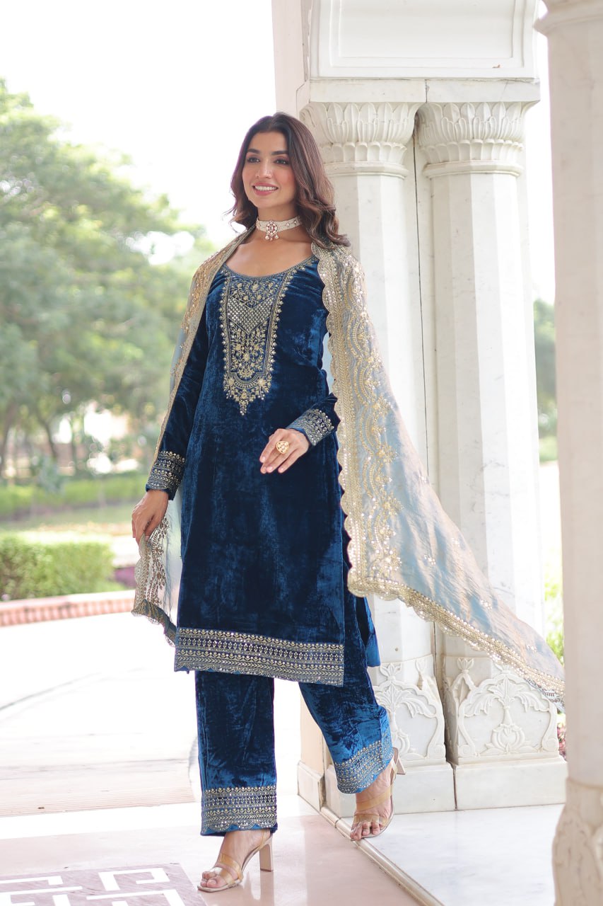 Designer Sequins Embroidered Velvet Kurti Pant Dupatta Set