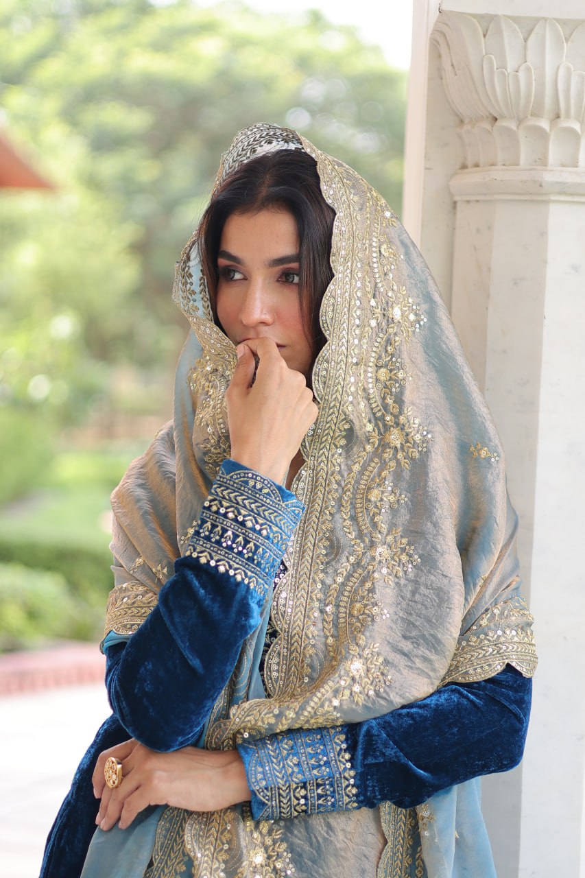 Designer Sequins Embroidered Velvet Kurti Pant Dupatta Set