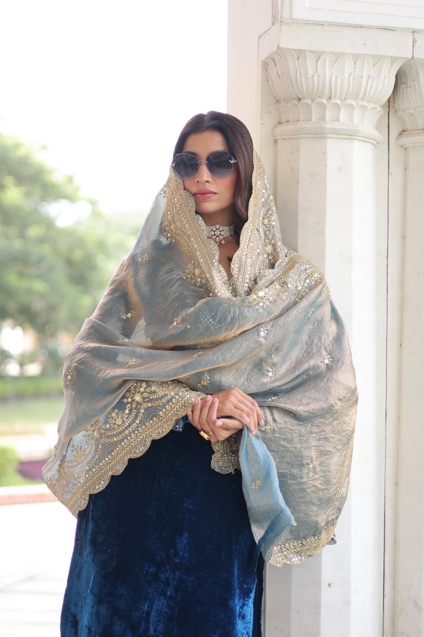 Designer Sequins Embroidered Velvet Kurti Pant Dupatta Set