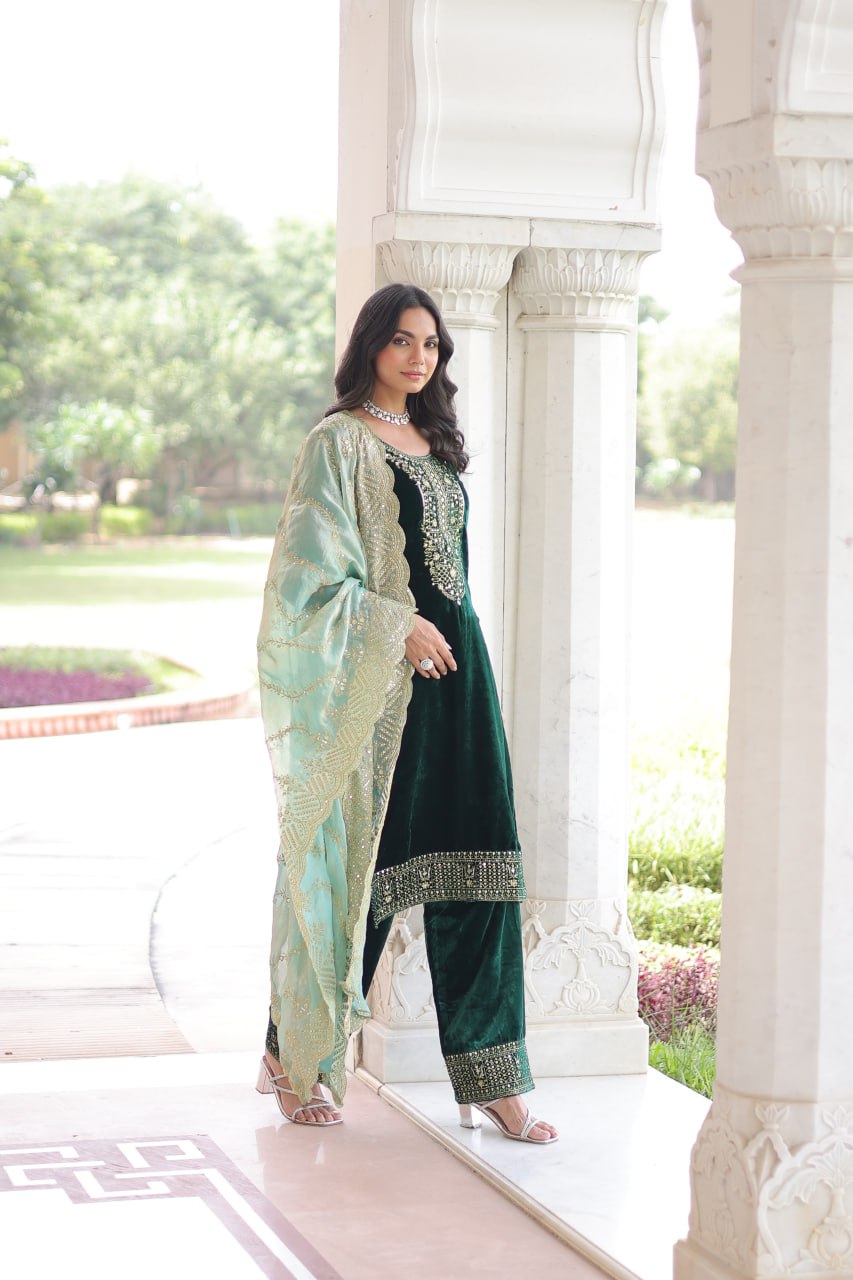 Designer Sequins Embroidered Velvet Kurti Pant Dupatta Set