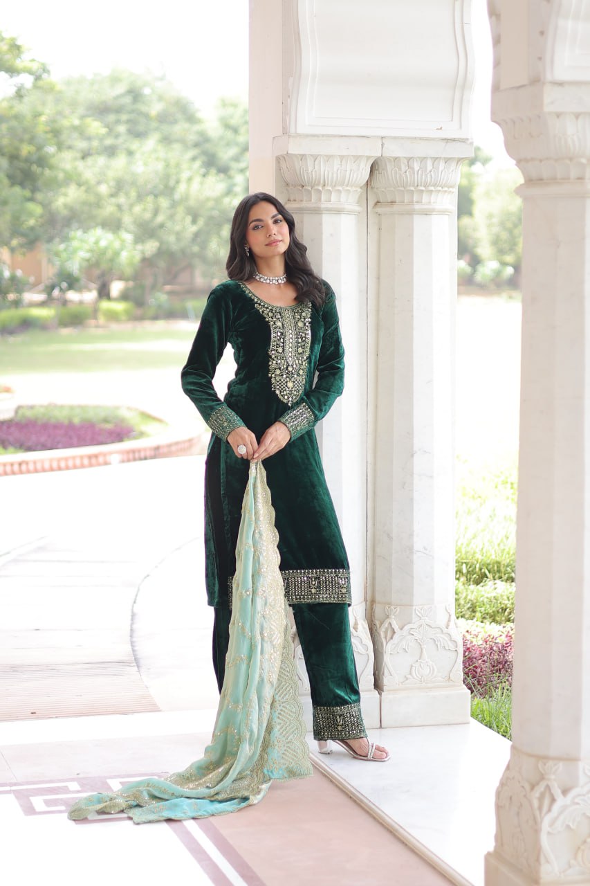 Designer Sequins Embroidered Velvet Kurti Pant Dupatta Set