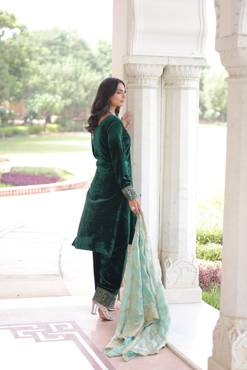 Designer Sequins Embroidered Velvet Kurti Pant Dupatta Set