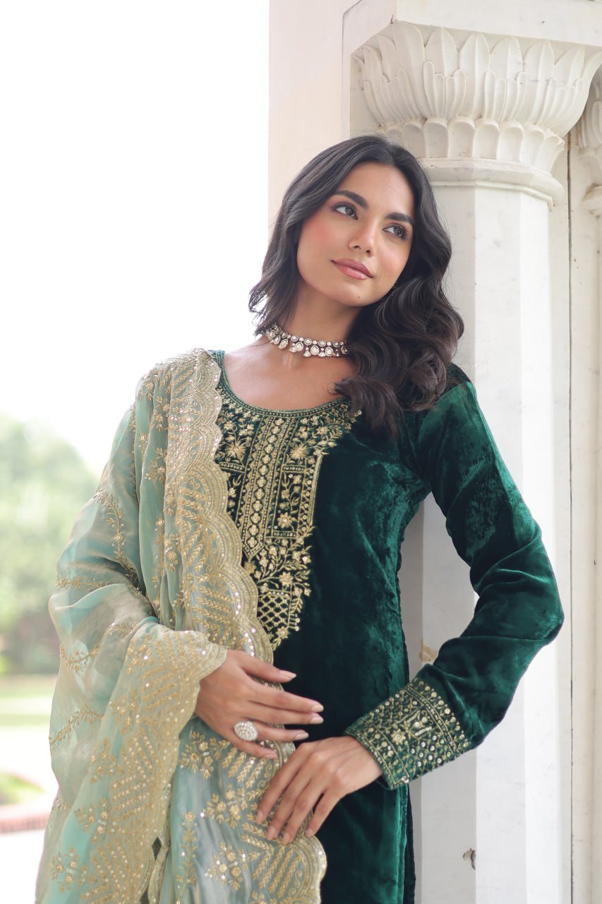 Designer Sequins Embroidered Velvet Kurti Pant Dupatta Set
