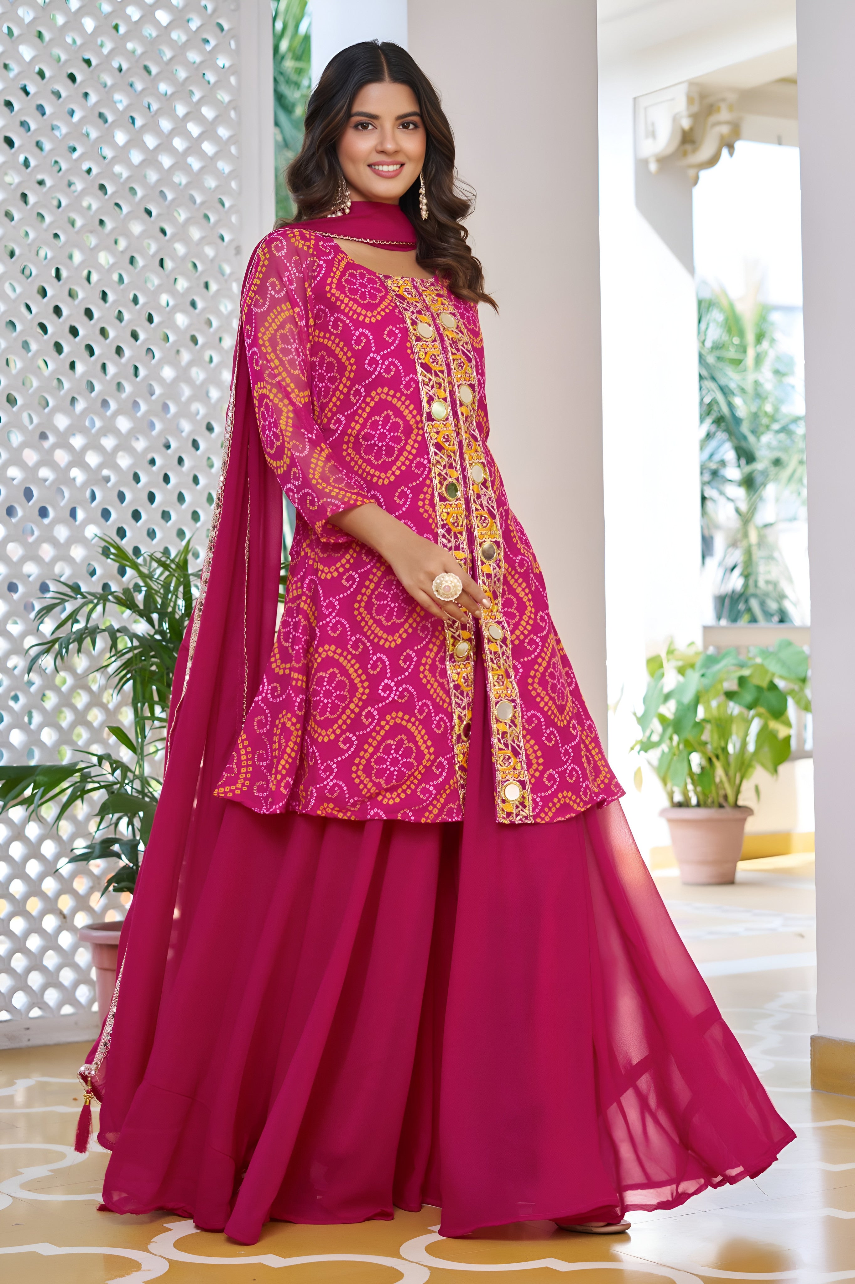 Premium Mirror Work Bandhani Kurti Palazzo Set