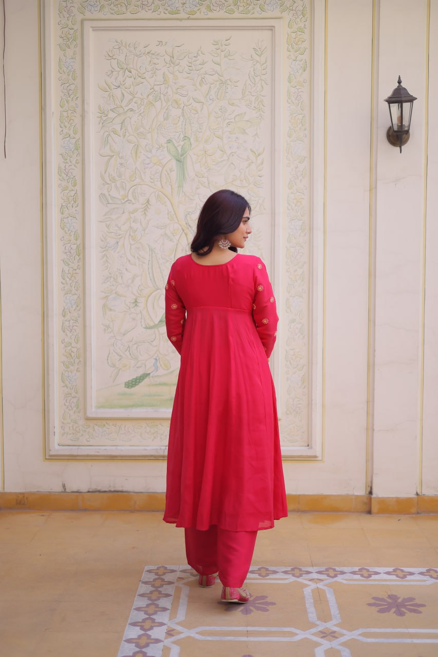 Embroidered Mal Chanderi Anarkali Kurti Pant Set