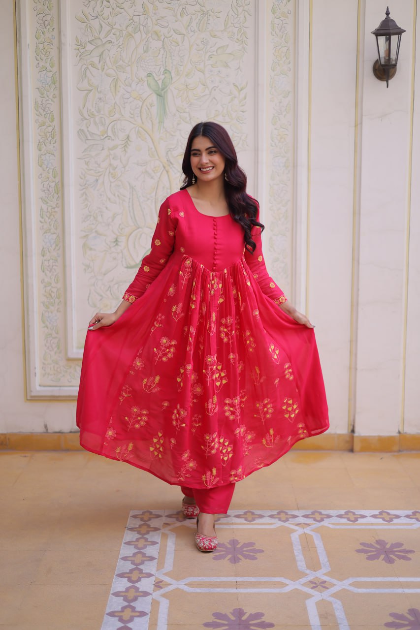 Embroidered Mal Chanderi Anarkali Kurti Pant Set
