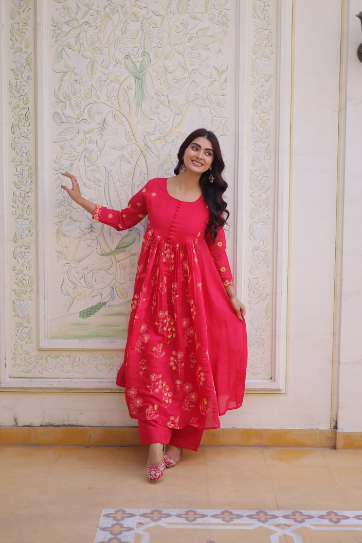 Embroidered Mal Chanderi Anarkali Kurti Pant Set