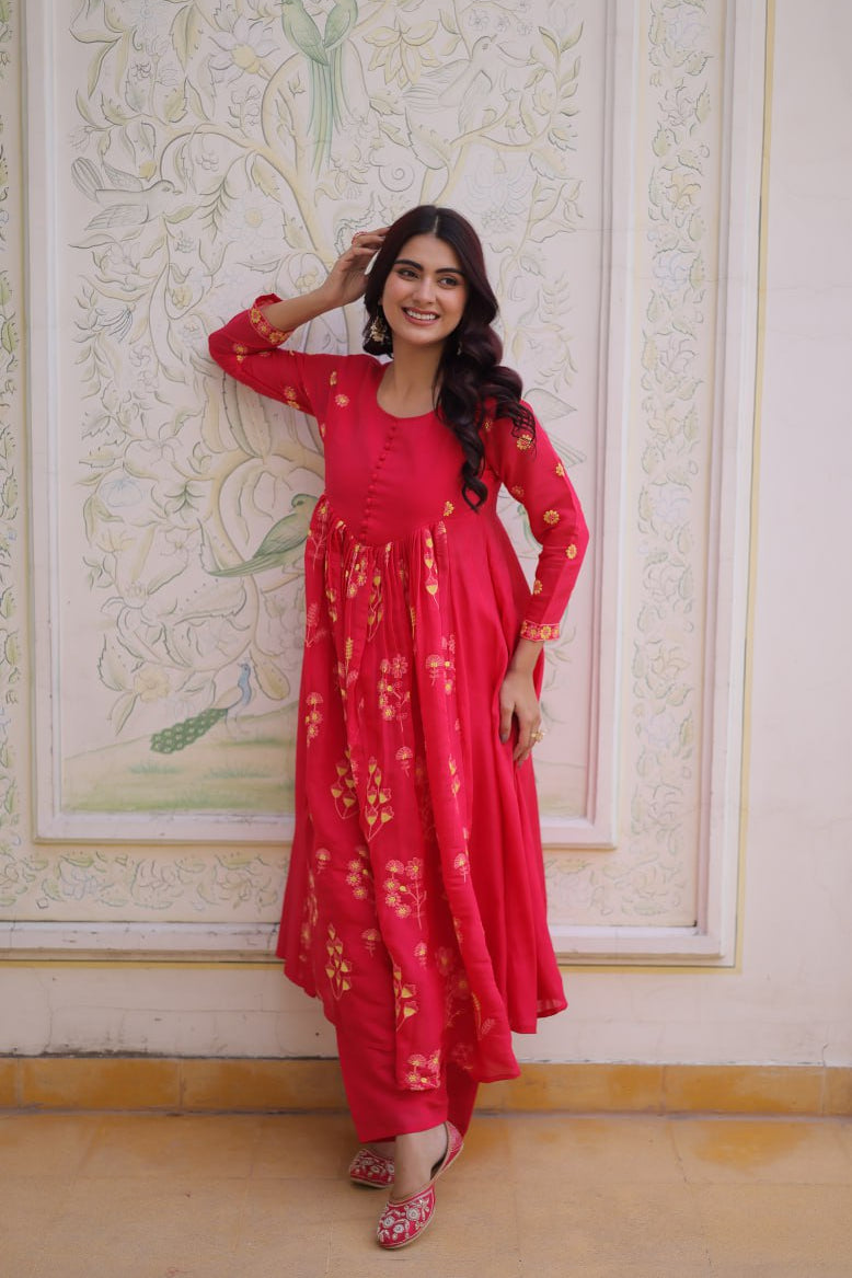 Embroidered Mal Chanderi Anarkali Kurti Pant Set