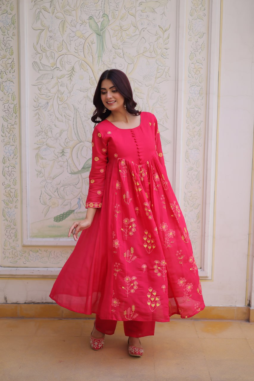 Embroidered Mal Chanderi Anarkali Kurti Pant Set