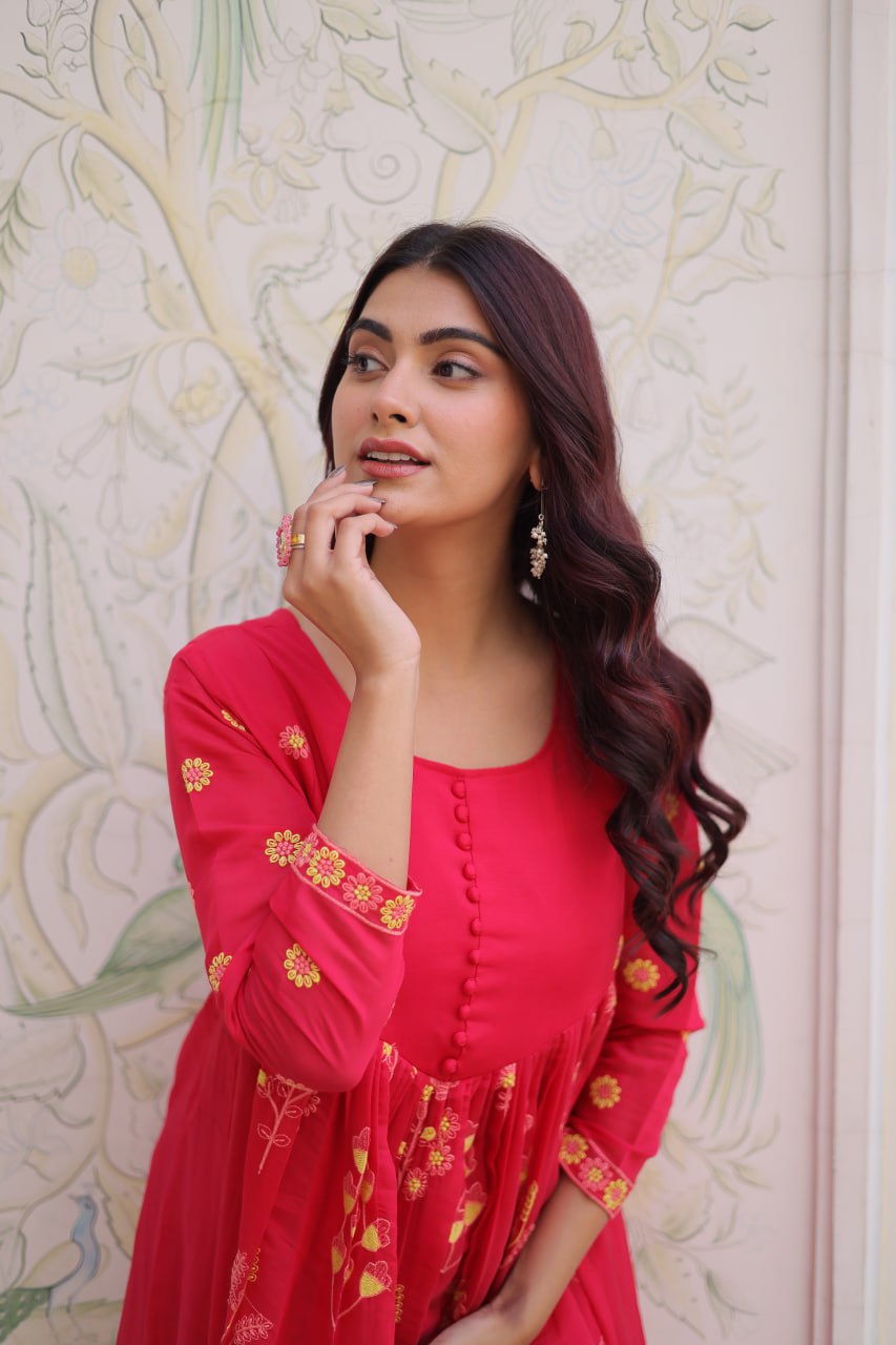 Embroidered Mal Chanderi Anarkali Kurti Pant Set