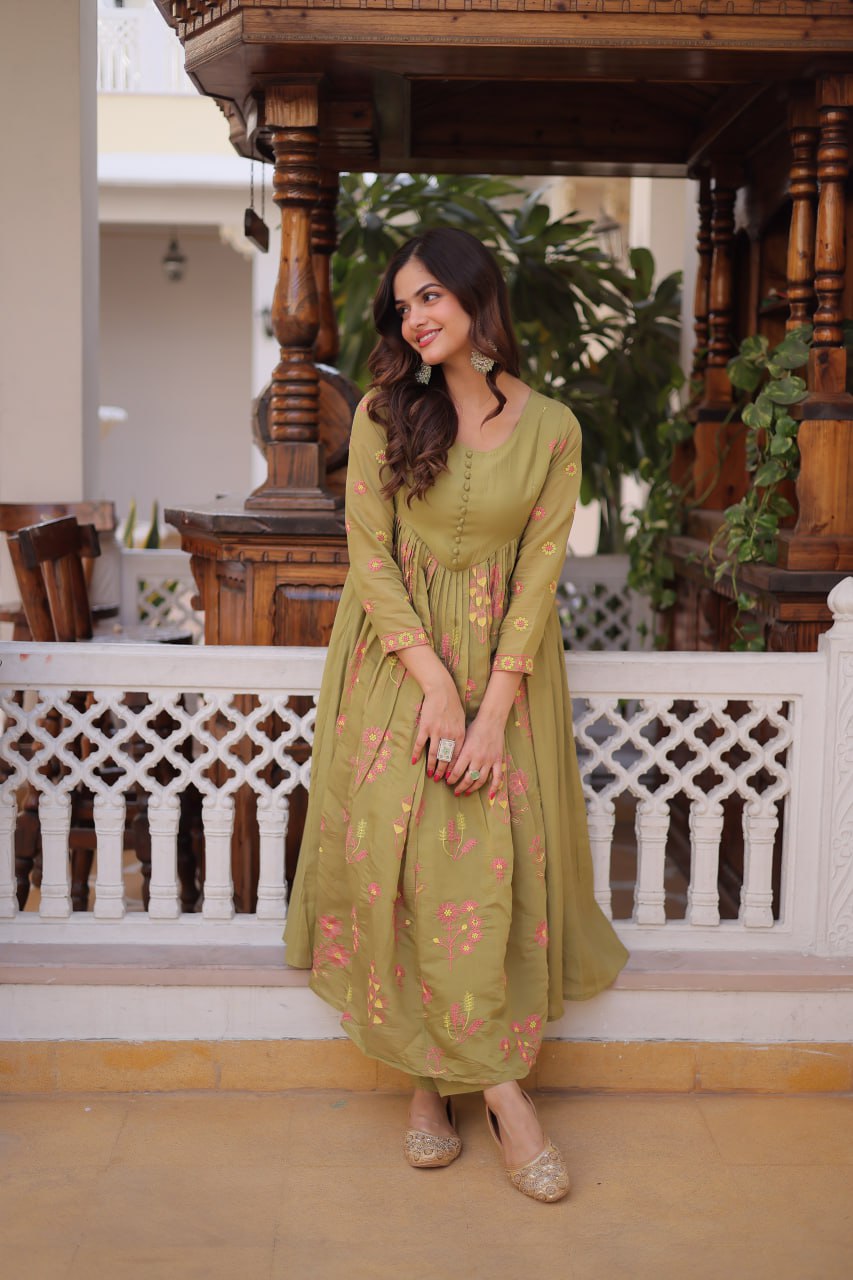 Embroidered Mal Chanderi Anarkali Kurti Pant Set