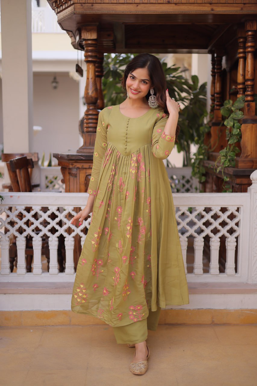 Embroidered Mal Chanderi Anarkali Kurti Pant Set
