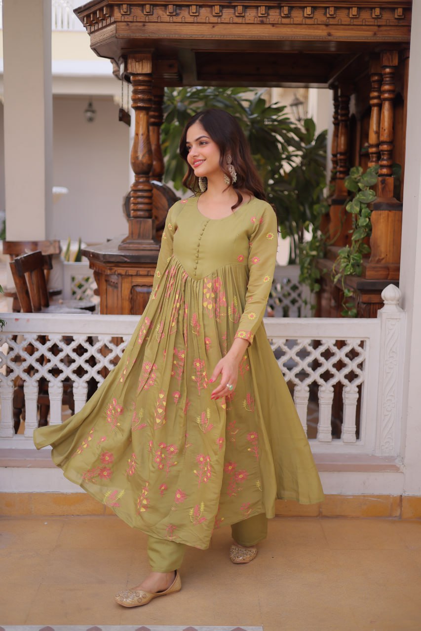Embroidered Mal Chanderi Anarkali Kurti Pant Set