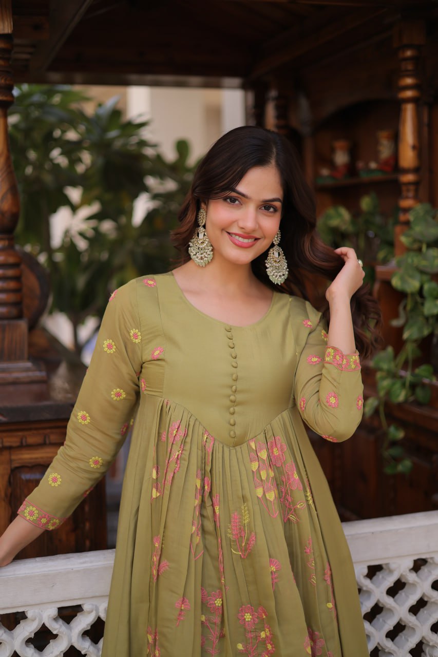Embroidered Mal Chanderi Anarkali Kurti Pant Set