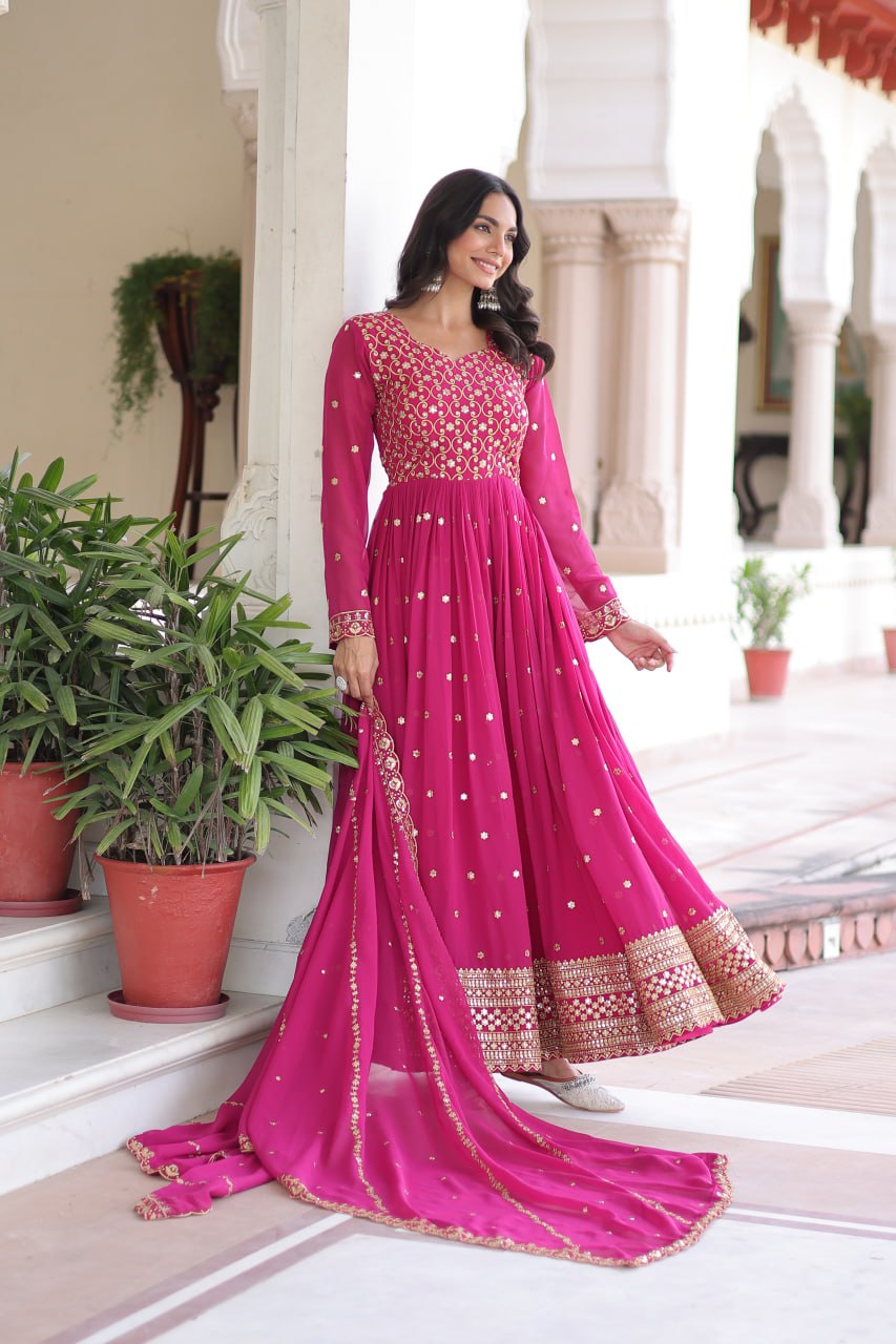 Designer Faux Georgette Embroidered Anarkali Gown Dupatta Set