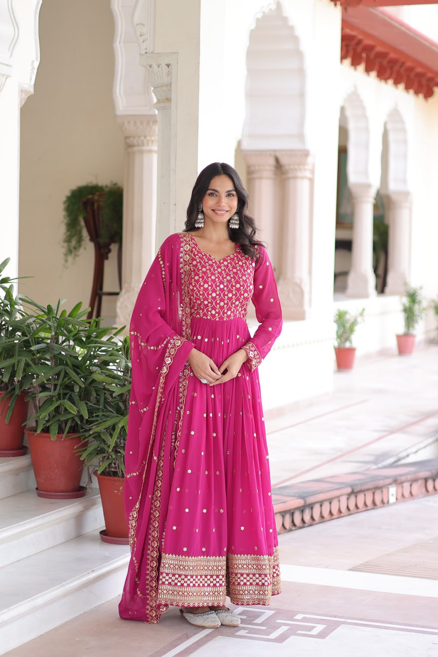 Designer Faux Georgette Embroidered Anarkali Gown Dupatta Set