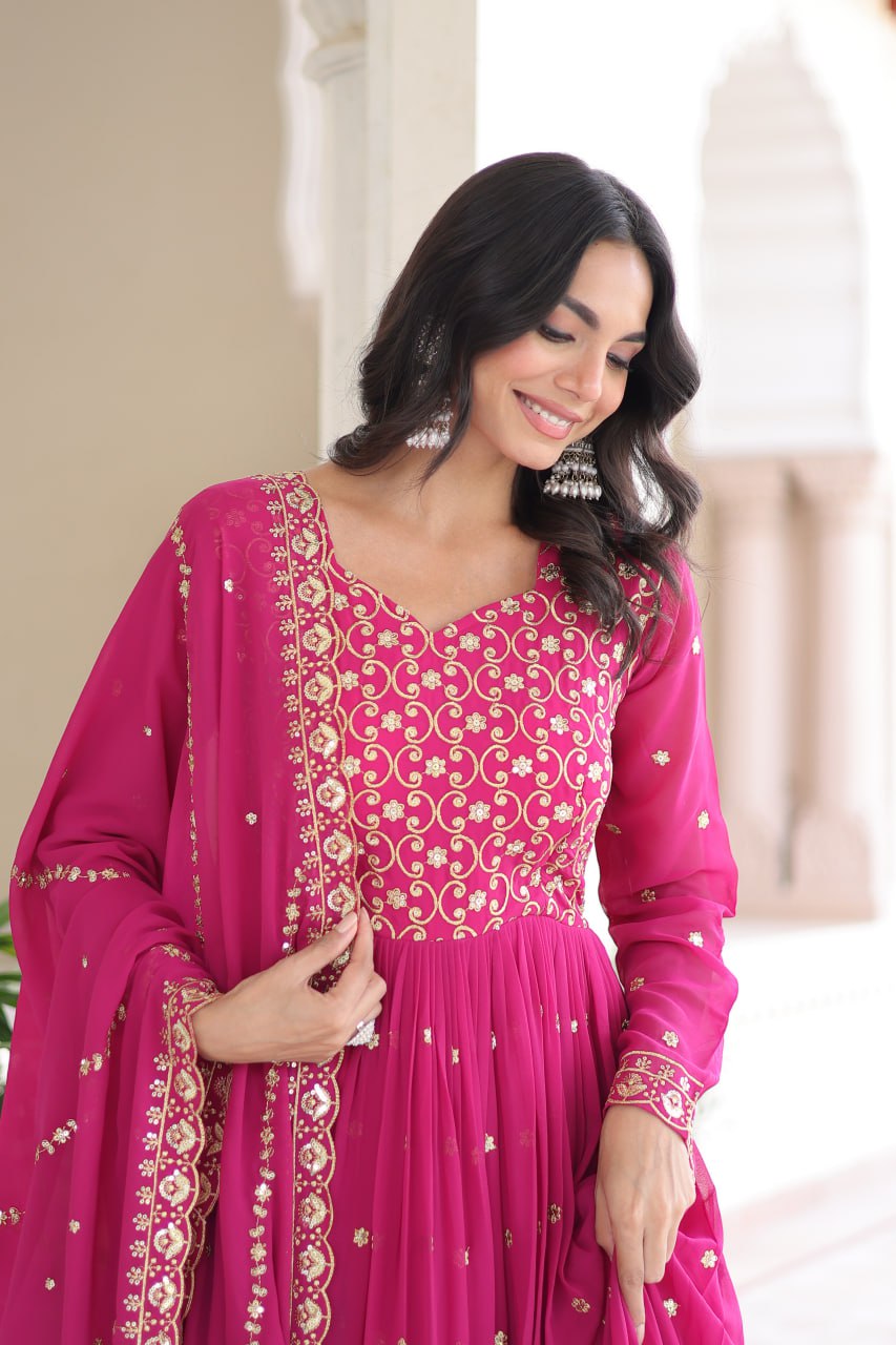 Designer Faux Georgette Embroidered Anarkali Gown Dupatta Set