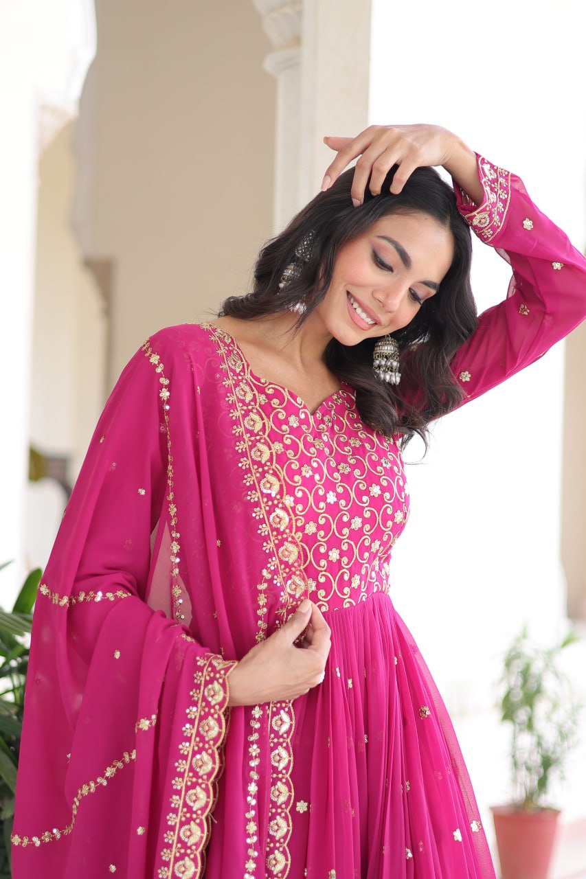 Designer Faux Georgette Embroidered Anarkali Gown Dupatta Set