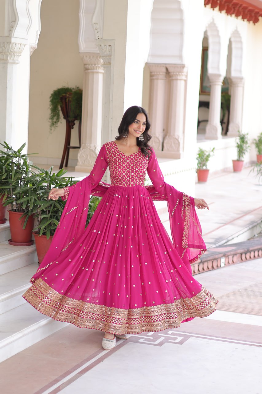 Designer Faux Georgette Embroidered Anarkali Gown Dupatta Set