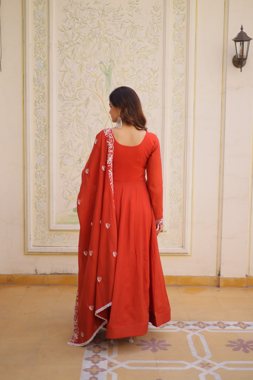 Beads Embroidered Mal Chanderi Gown Dupatta Set