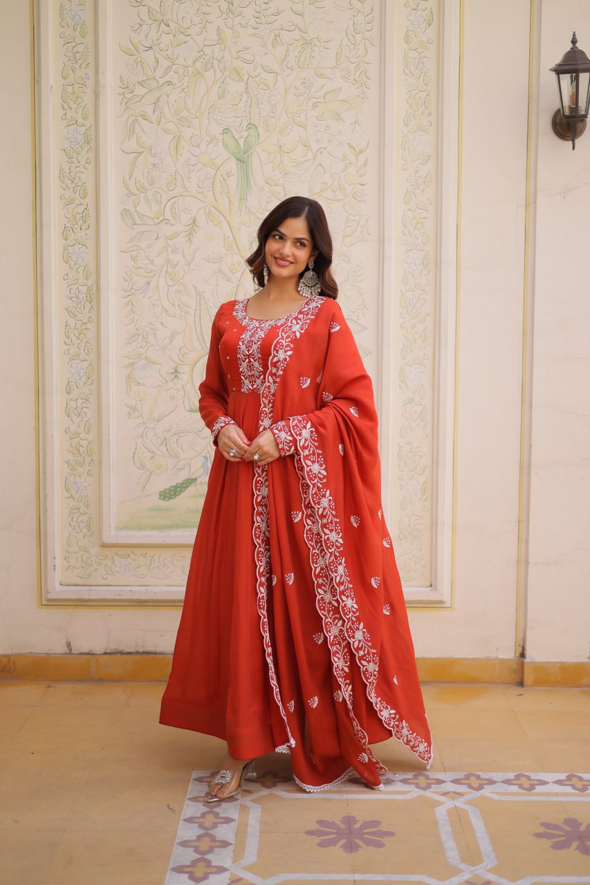 Beads Embroidered Mal Chanderi Gown Dupatta Set