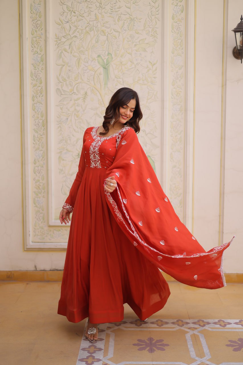 Beads Embroidered Mal Chanderi Gown Dupatta Set