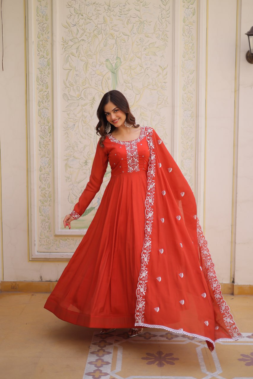 Beads Embroidered Mal Chanderi Gown Dupatta Set