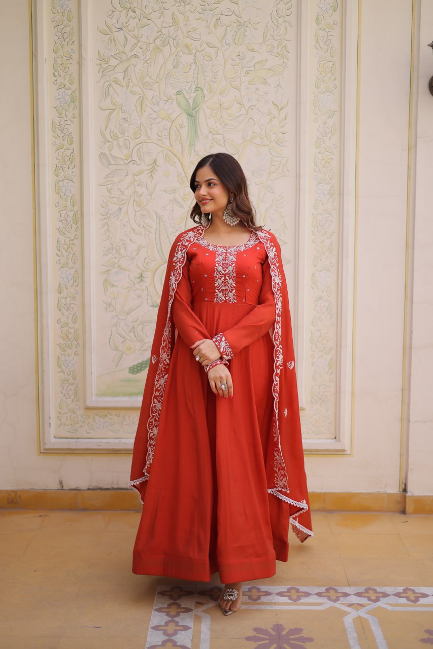 Beads Embroidered Mal Chanderi Gown Dupatta Set