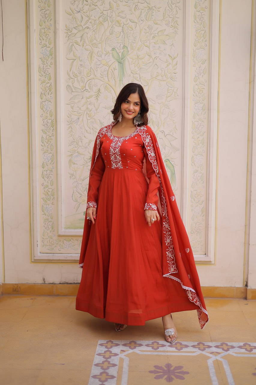 Beads Embroidered Mal Chanderi Gown Dupatta Set