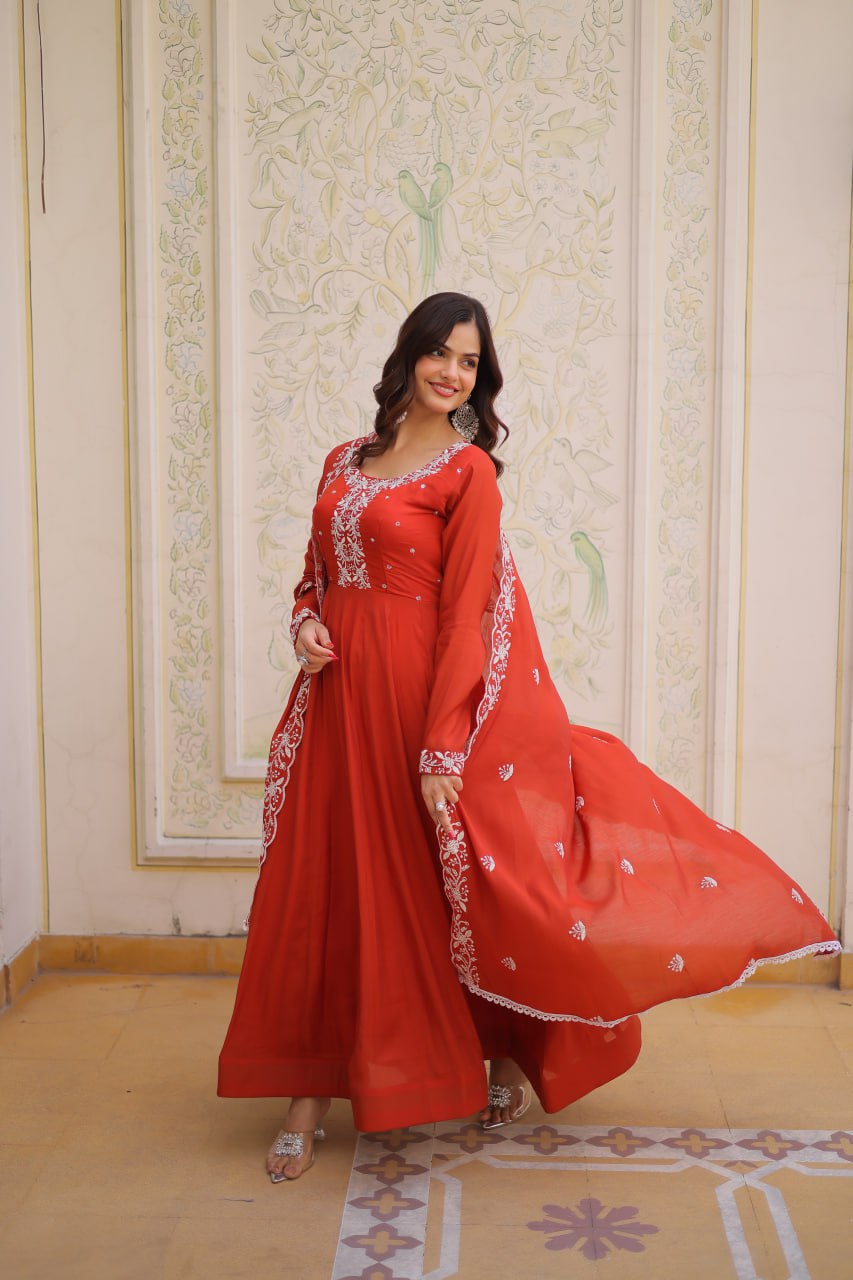 Beads Embroidered Mal Chanderi Gown Dupatta Set