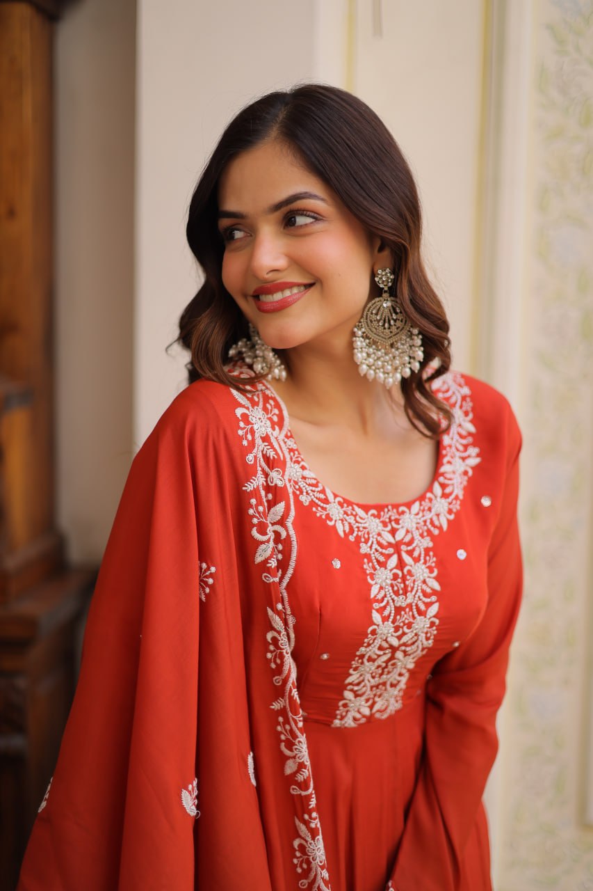Beads Embroidered Mal Chanderi Gown Dupatta Set