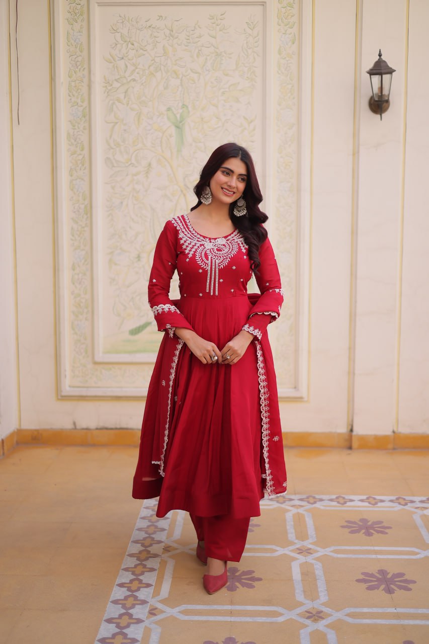Designer Mal Chanderi Beads Embroidered Gown Suit Set