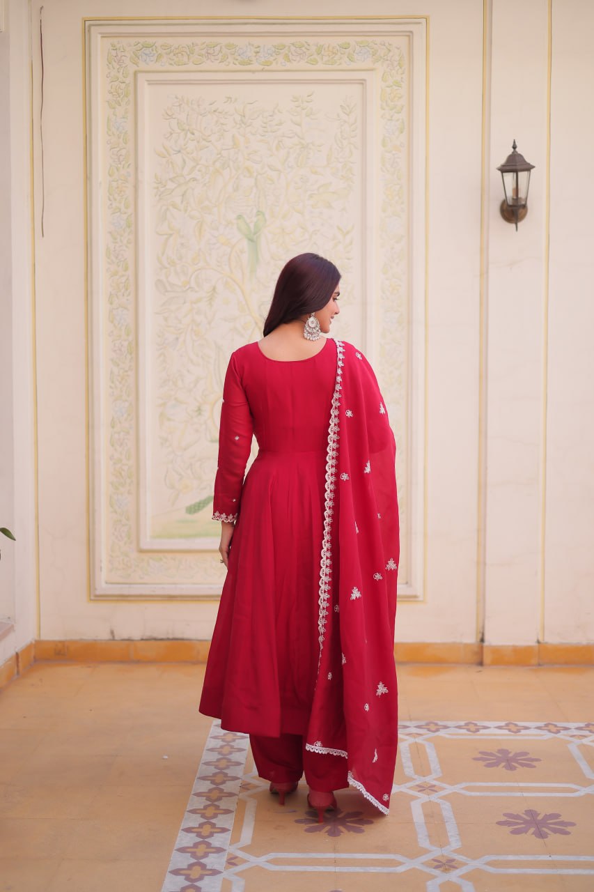 Designer Mal Chanderi Beads Embroidered Gown Suit Set
