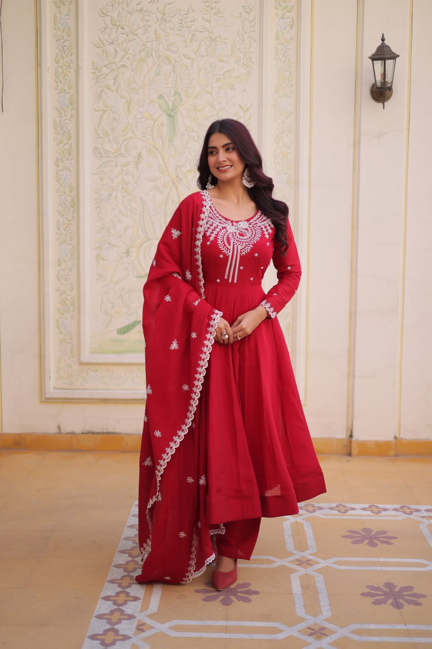 Designer Mal Chanderi Beads Embroidered Gown Suit Set