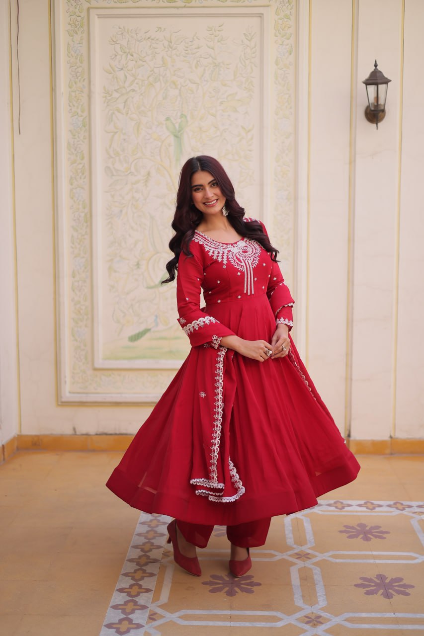 Designer Mal Chanderi Beads Embroidered Gown Suit Set