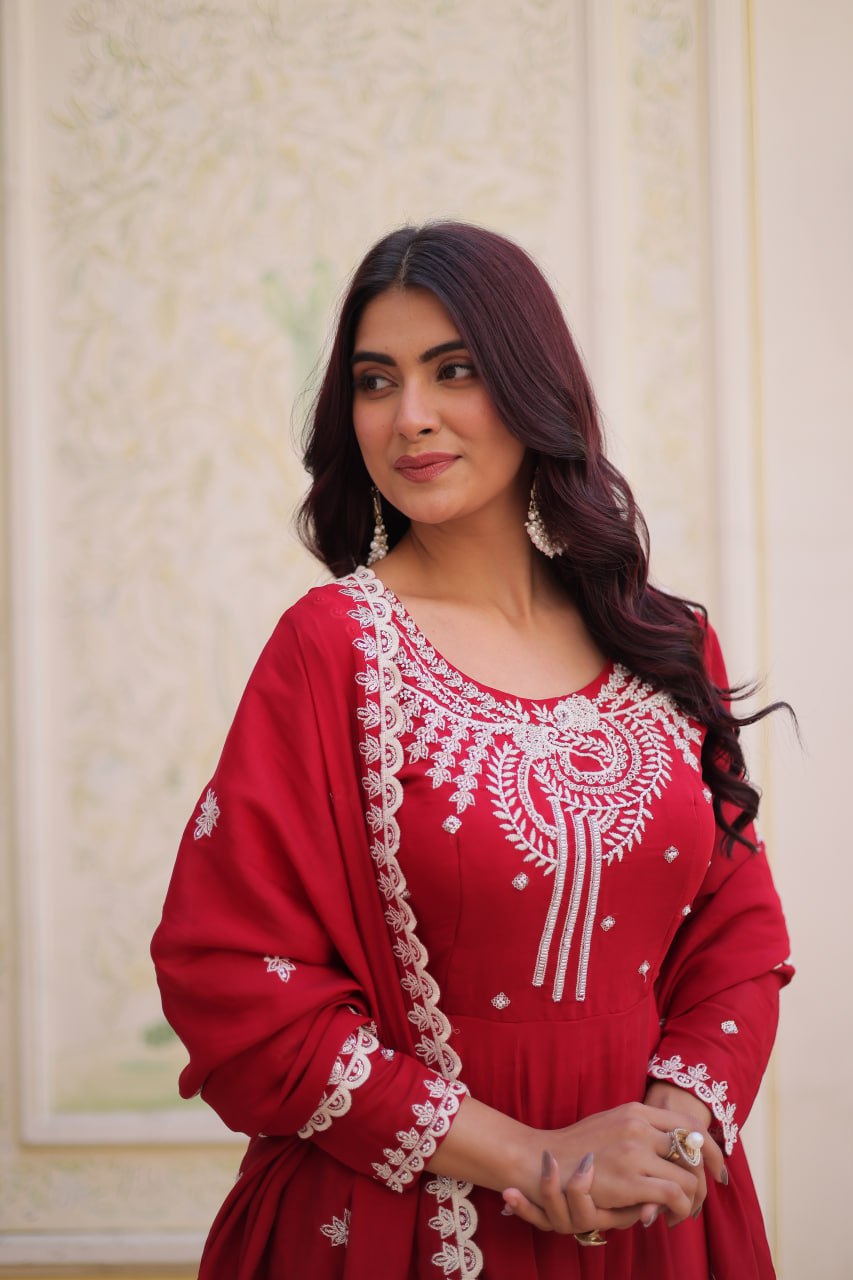 Designer Mal Chanderi Beads Embroidered Gown Suit Set
