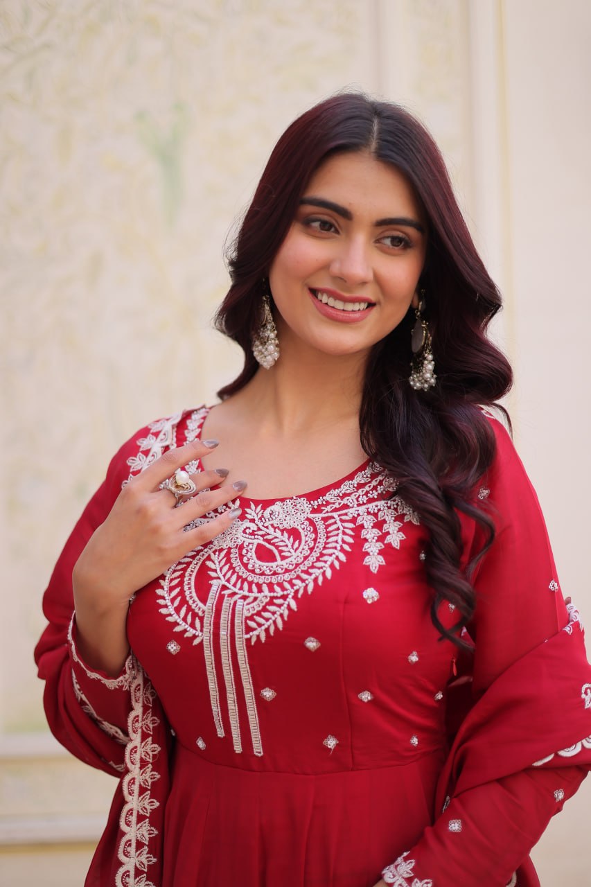 Designer Mal Chanderi Beads Embroidered Gown Suit Set