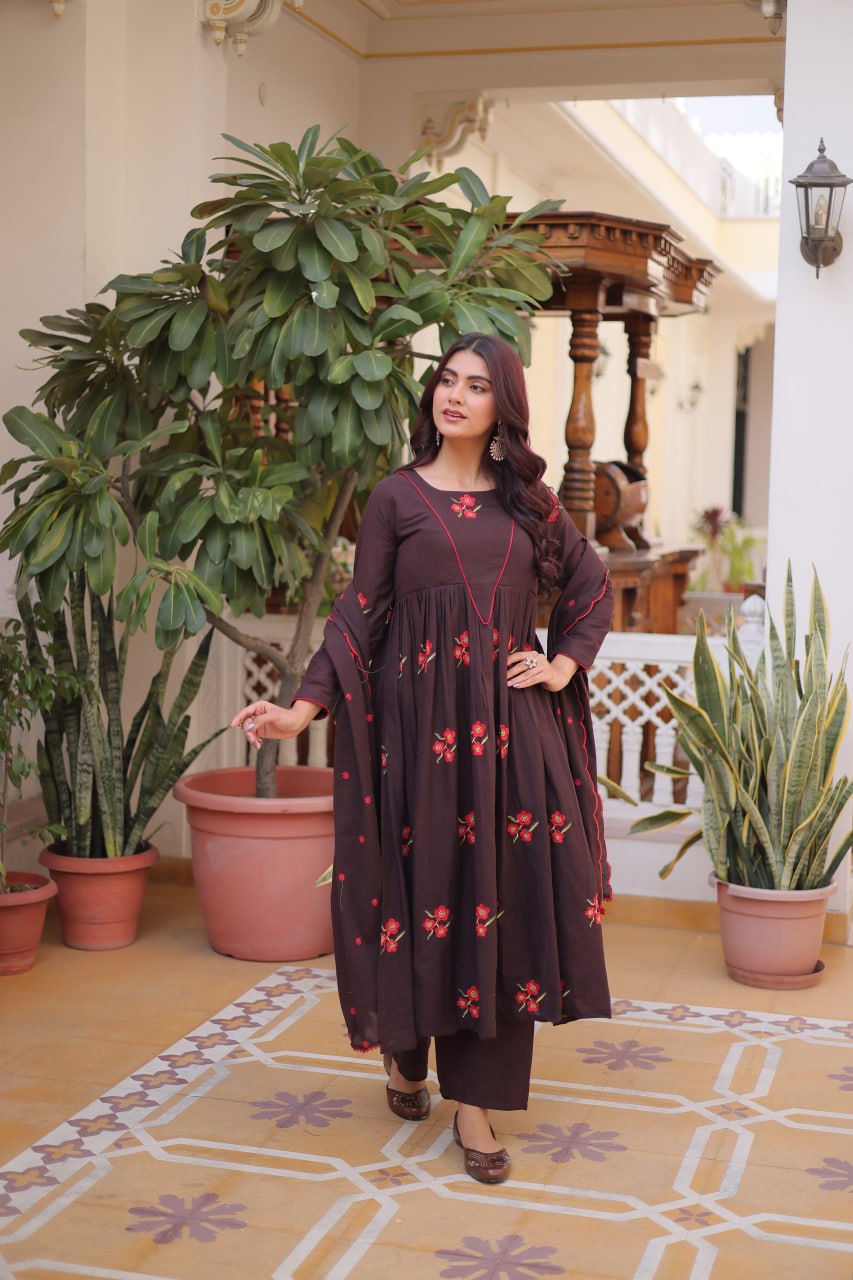 Elegant Cotton Embroidered Kurti Pant Dupatta Set