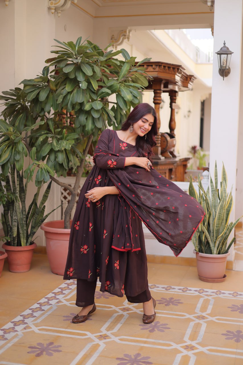 Elegant Cotton Embroidered Kurti Pant Dupatta Set