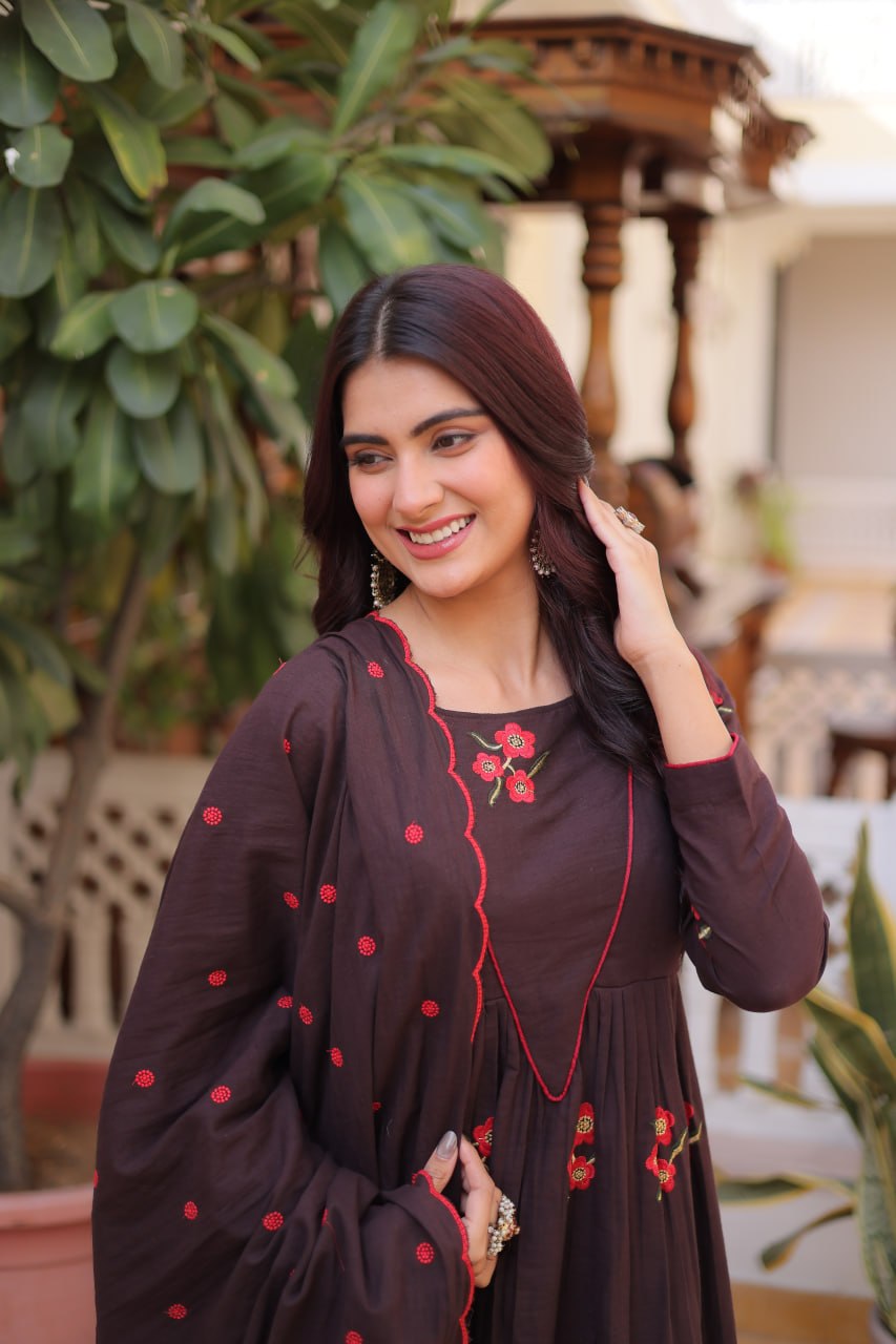 Elegant Cotton Embroidered Kurti Pant Dupatta Set