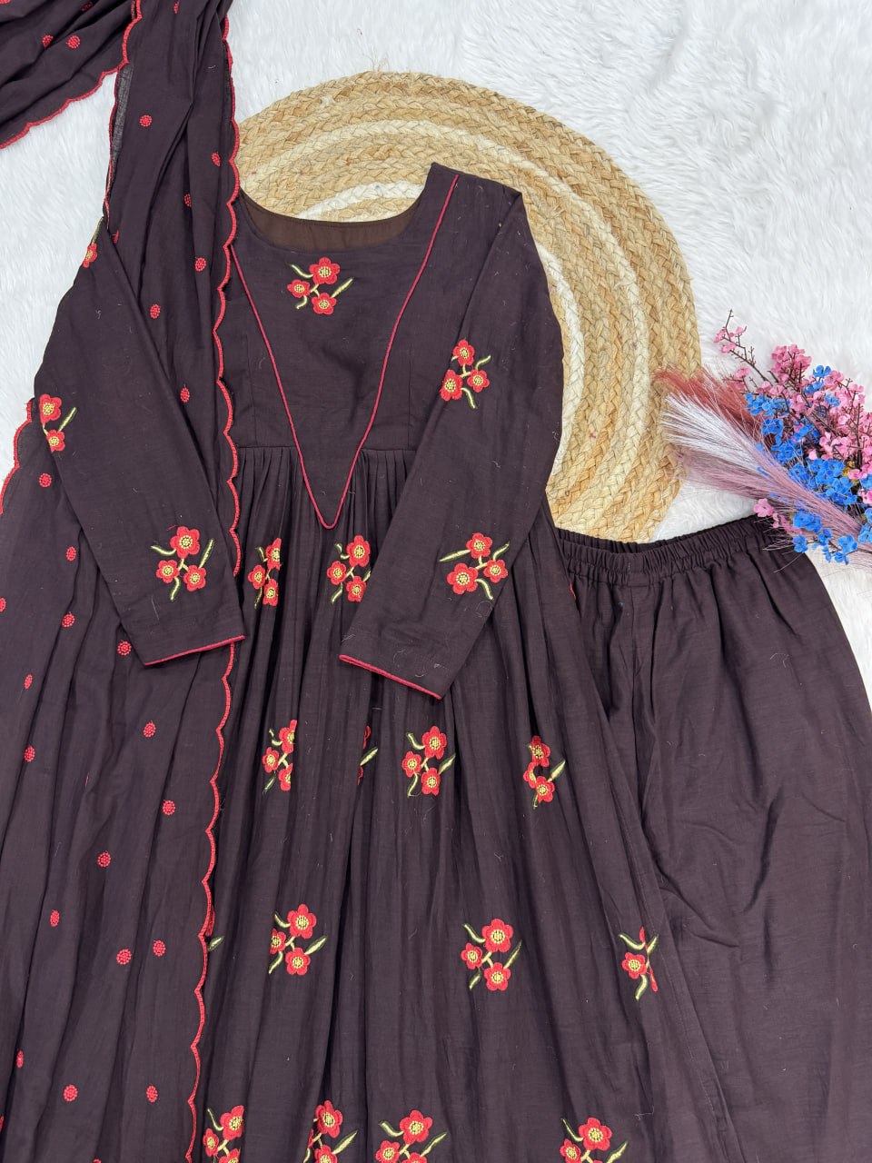 Elegant Cotton Embroidered Kurti Pant Dupatta Set