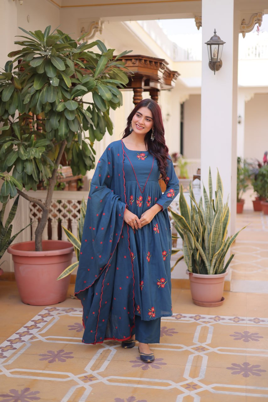 Elegant Cotton Embroidered Kurti Pant Dupatta Set